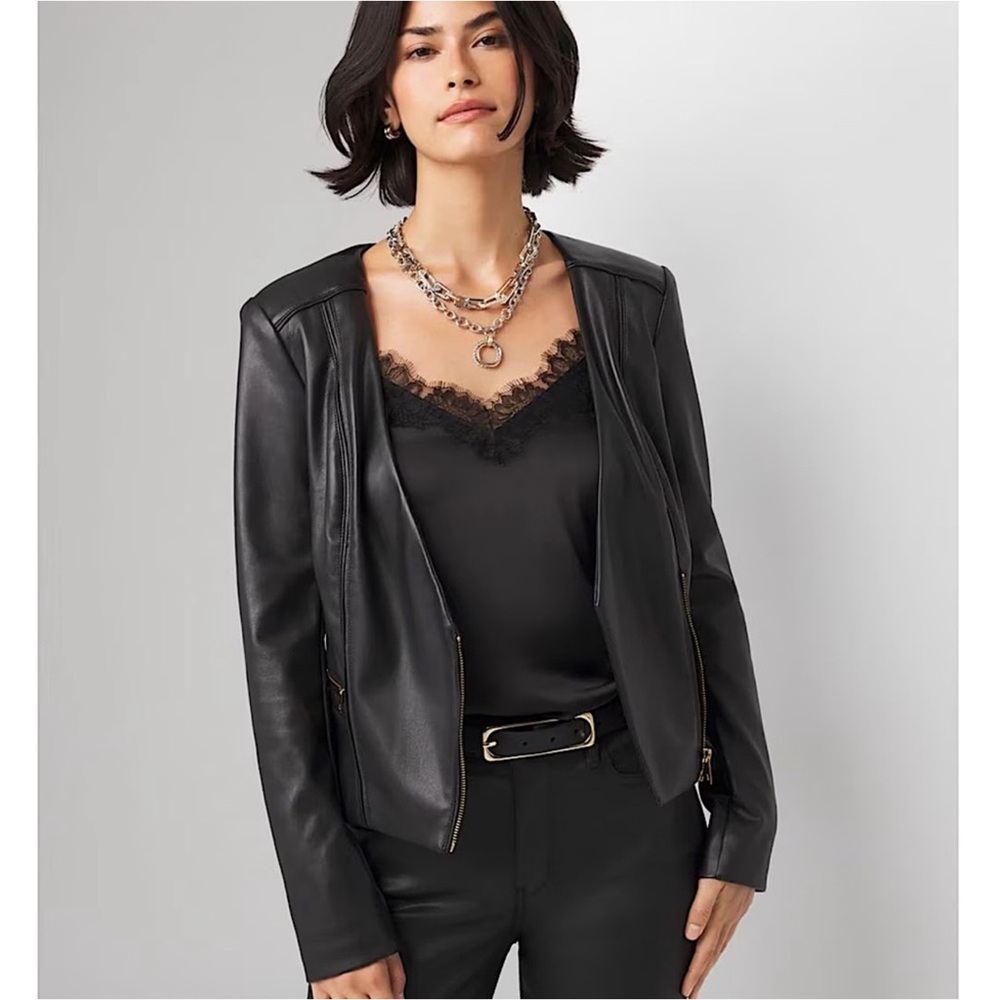 WHBM BLACK FAUX LEATHER MOTO JACKET - Picture 2 of 5